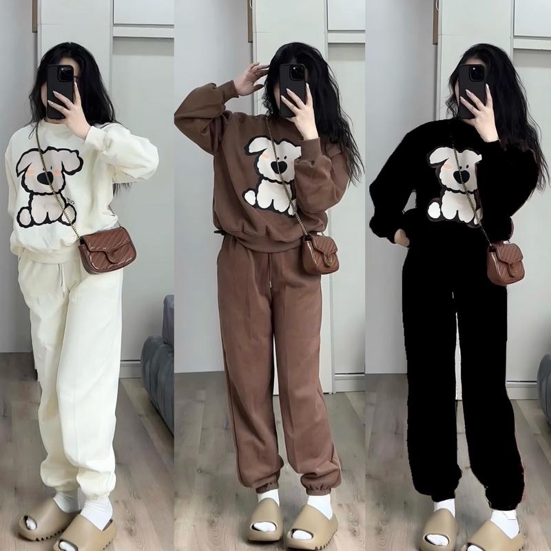 Bộ Đồ Nữ Áo Dài Tay Hình Cún Cute Phối Quần Dài Ống Bó Chất Nỉ 2 Da - Hoàng Linh Clothing SB 98