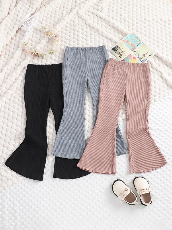 Toddler Girl's 3pcs Solid Lettuce Trim Elastic Waist Flare Leg Pants, Casual Comfy Trousers for Spring & Fall, Toddler Girls Bottoms for Daily Outdoor Wear 0