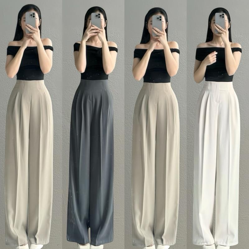 Quần Cạp Liền Ống Rộng Khoá Sườn Lưng Cao Chất Gold Mỹ Cao Cấp Mềm Mịn Dài 103cm quần ống rộng cạp liền vải gold nhật