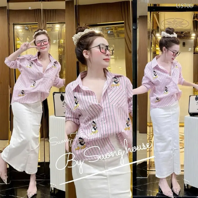 Sơ mi kẻ vịt 2 màu xanh hồng