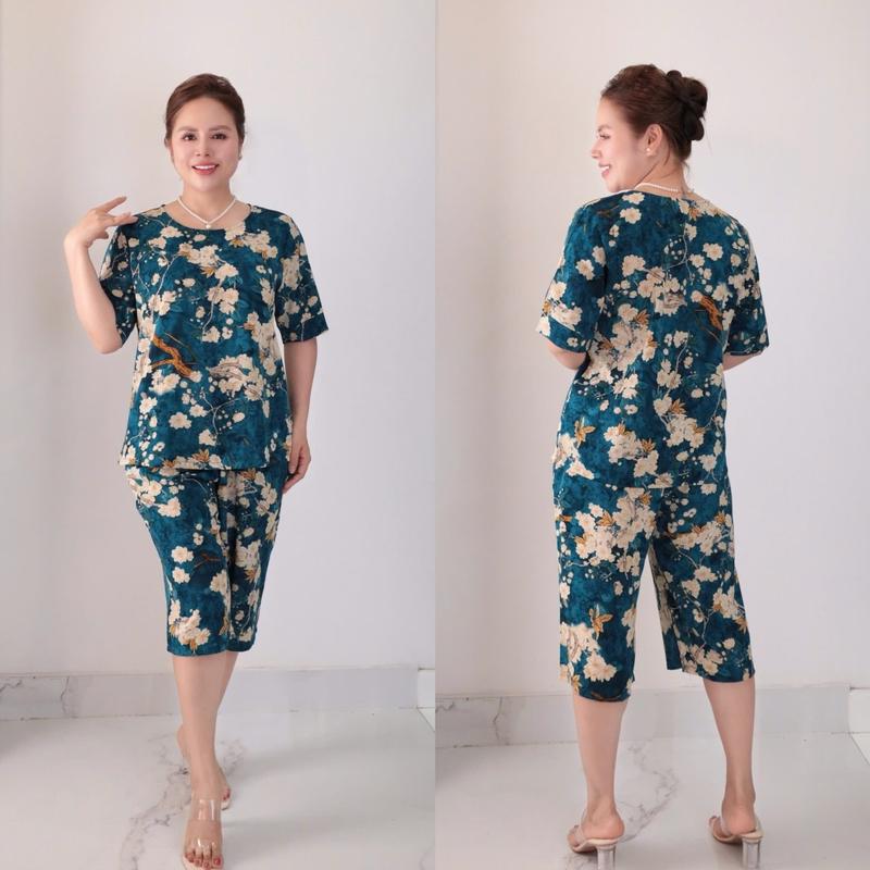 MS14 Đồ Bộ Trung Niên, Áo Cổ Tròn, Quần Suông Lửng Ngang Gối Vải Luạ Nhập cao cấp Nữ Women Top Umi