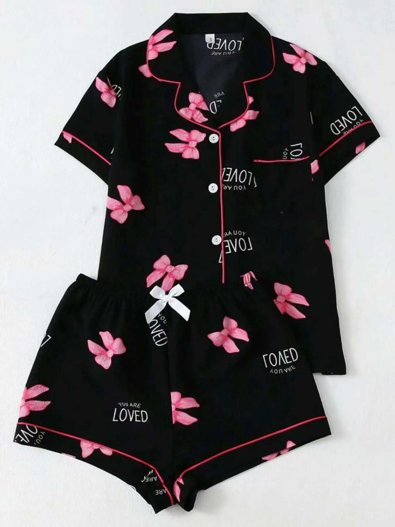 Women's Bow & Letter Print Pajama Two-piece Set, Casual Comfy Short Sleeve Shirt & Shorts Pj Set, Ladies Summer Sleepwear