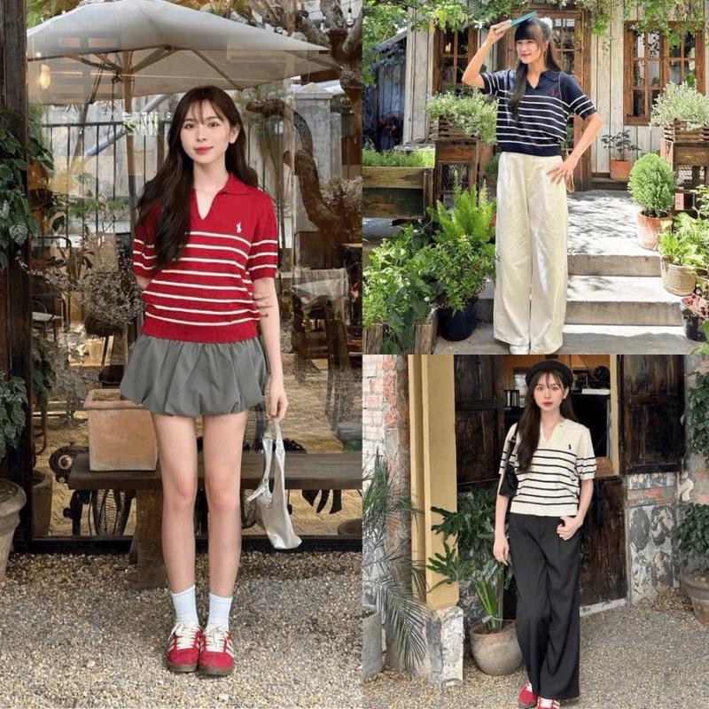 Áo len MTG-DK Mỏng -Cổ chữ V pha kẻ sọc ngang form vừa cho nữ - Women Top Kem