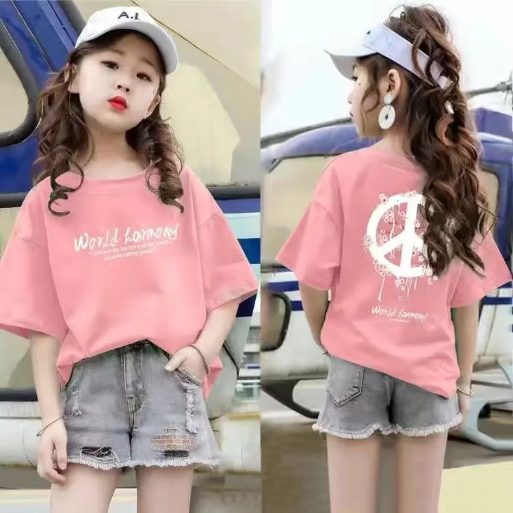 Áo Thun ngắn Tay Cho Bé Gái, Quần Áo Trẻ Em Sành Điệu, Thiết Kế In Hình, Thích Hợp Cho Học Sinh Mùa Hè, Trang Phục Mùa Hè Cho Bé Gái Lớn, Phong Cách Hàn Quốc, Hợp Xu hướng, Thích Hợp Cho Bé Gái