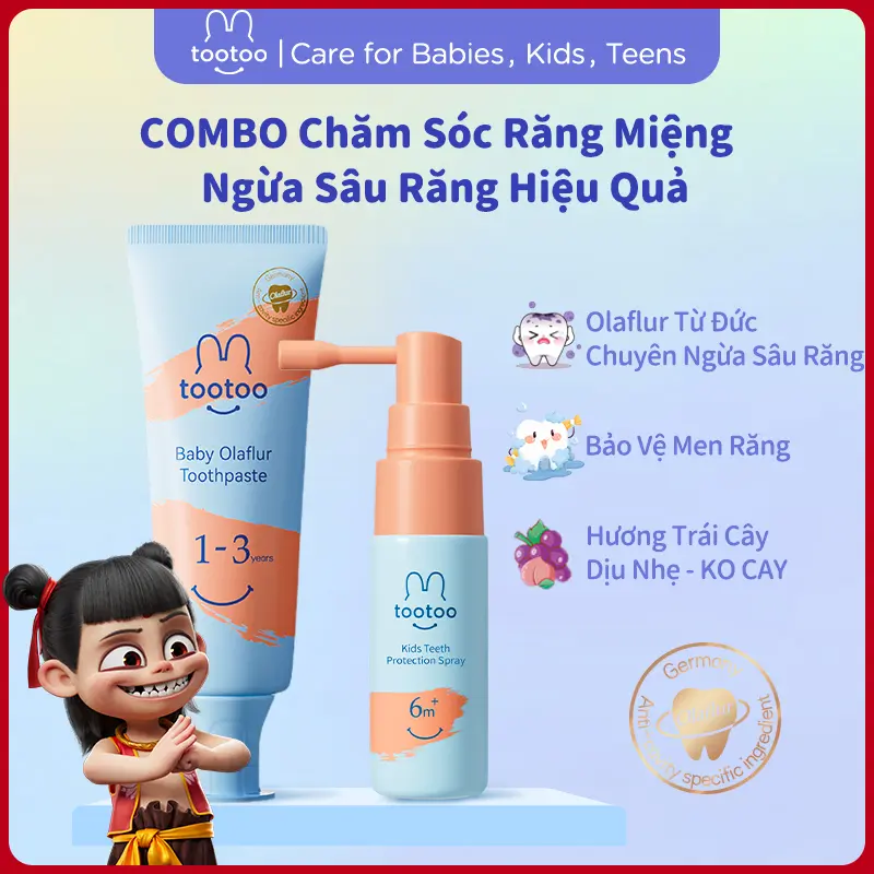 tootoo xịt bảo vệ răng miệng cho trẻ em combo kem đánh răng trẻ em olaflur 1-3-12 tuổi Kem đánh răng trẻ em chứa florua giúp ngăn ngừa sâu răng Cho Bé