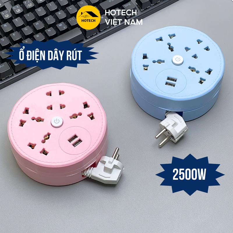 Ổ cắm điện đa năng 2500W Hotech quấn dây gọn gàng vỏ nhựa PC chống cháy có 2 usb đa năng dây dài 1,8-2,8M OD13H