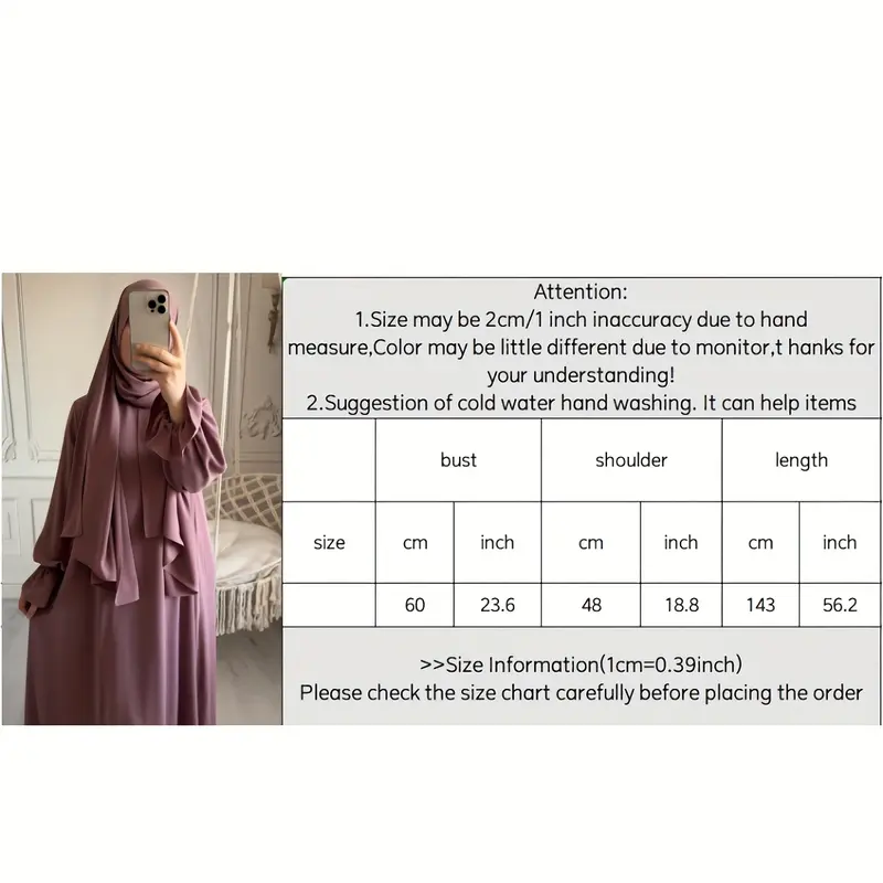 Khăn Trùm Đầu, Thiết Kế Tích Hợp Tay Áo Hoa, Vải Nida, Dáng Rộng Vừa Vặn, Abaya Thoải Mái, Quần Áo Cầu Nguyện Hàng Ngày Cho Phụ Nữ, Thích Hợp Cho Mùa Xuân, Mùa Hè Và Mùa Thu, Áo Choàng Hồi Giáo, Váy Hồi Giáo, 1 Mảnh 3