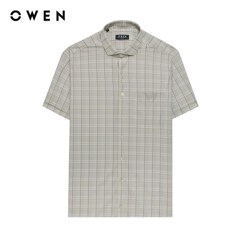  OWEN - Áo sơ mi Nam Ngắn tay Body Fit Có túi AB240614NT màu Be chất liệu Polyester   Hoạ tiết Kẻ caro Menswear 