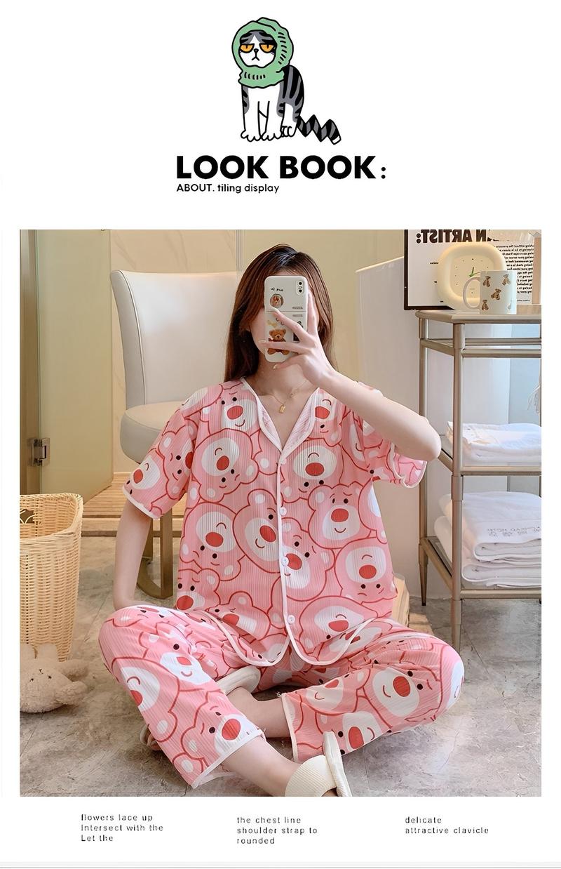 Product Introduction of MeTOo 3in1 cotton short sleeve cartoon pattern comfortable pajamas/sleepwear for women Loungewear Fabric Fashion Womenswear Clothes Button Collar Embroidered Korean Pants Shirt Style Lingerie Lady Breathable Homewear Pajama Set Pjs Trouser 8