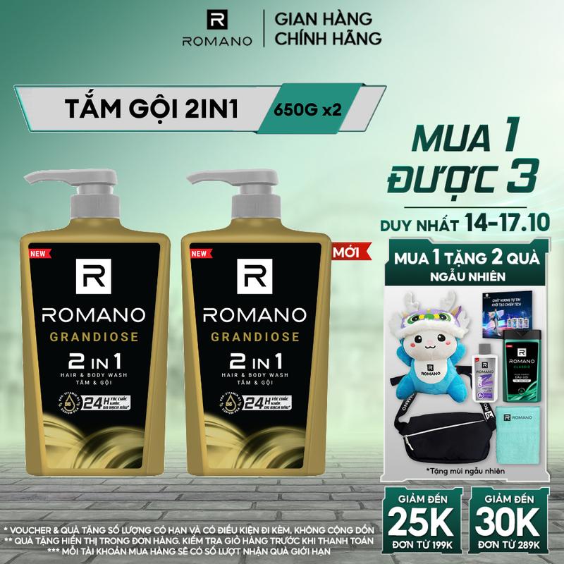 [MỚI] Combo 2 chai Tắm gội Dưỡng Thể cho nam Romano 2in1 Grandiose 650g/chai