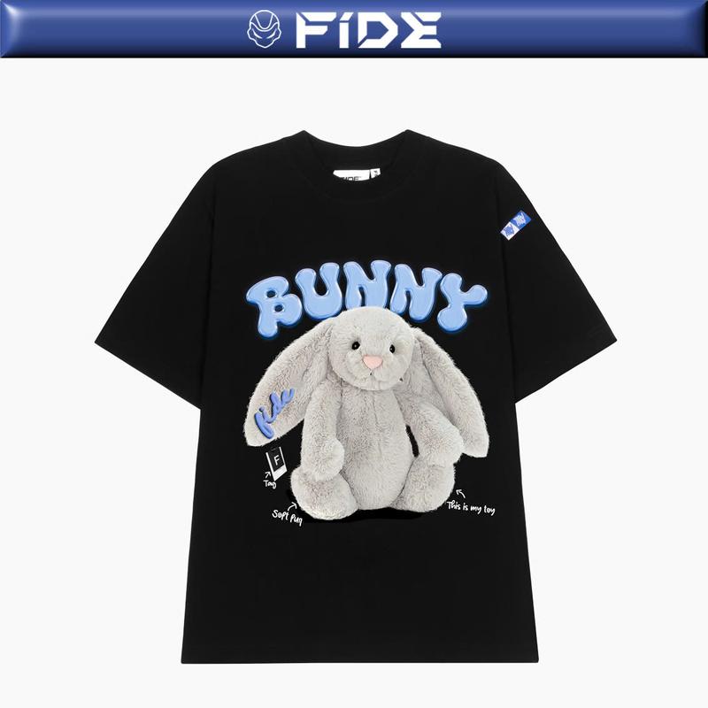 Áo thun FIDE THỎ unisex form rộng cổ tròn THỎ - AT34 Menswear Top Đen Nhung Cotton