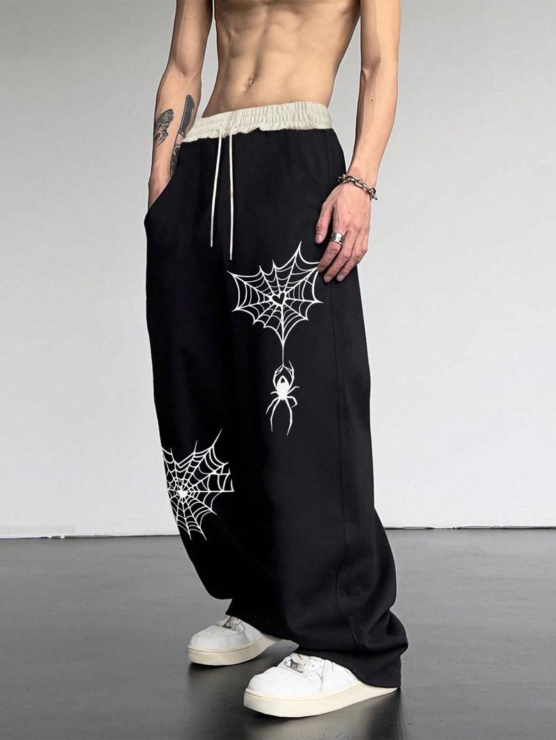 Product Introduction of Men's Patchwork Spider Web Print Drawstring Waist Pants, Casual Street Pocket Straight Leg Trousers for Daily Wear, Fashion Men's Bottoms for All Seasons 8