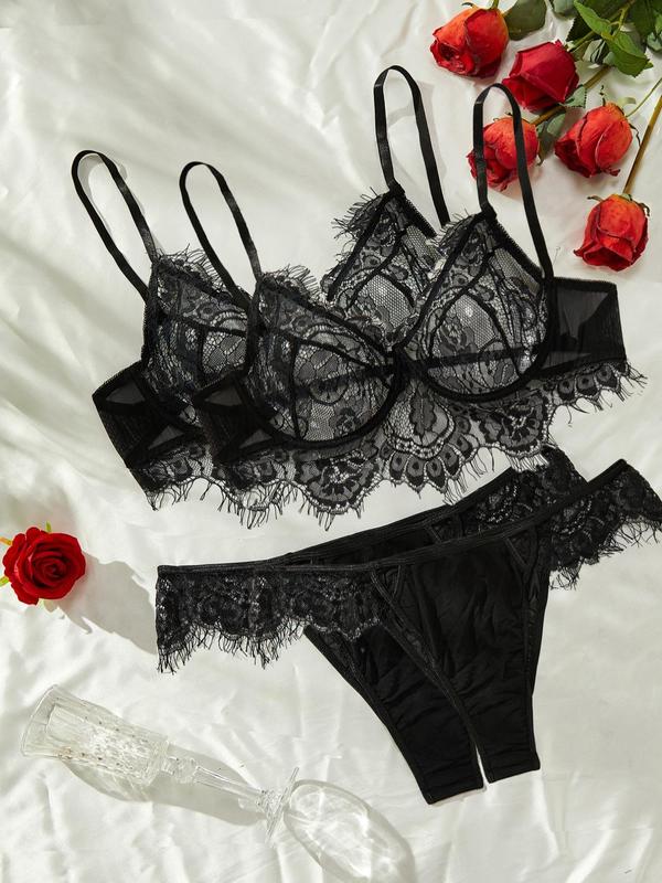 【Plus Size】 Contrast Lace Bra & High Cut Panty, Soft Comfortable Breathable Lingerie Set for Daily Wear, Women's Underwear Set for All Seasons 4