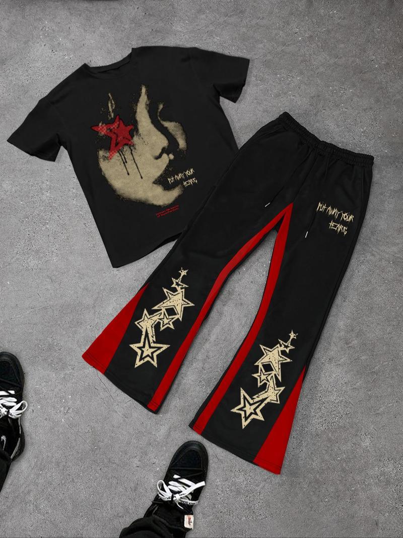 Product Introduction of Men's Star Print Tee & Pants Set, Regular Fit Casual Fashion Short Sleeve T-shirt & Trousers for Daily Outdoor Wear, Men's Clothes for Spring & Fall 1