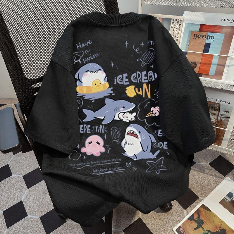 Áo Ngoại Cỡ, 100% Cotton, In Hình Cá Mập Nhỏ Ngọt Ngào Và Dễ Thương, Dành Cho Phụ Nữ Và Unisex