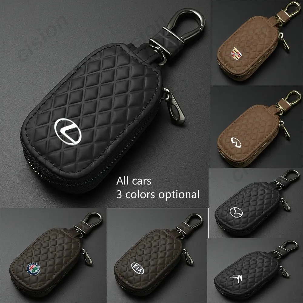 Diamond Grain Leather Remote Flip Car Key Case Cover FOB Keychain Bag Pouch Wallet Protector for Toyota Honda Nissan Mazda Isuzu Suzuki Mitsubishi Subaru Lexus Infiniti Acura Daihatsu