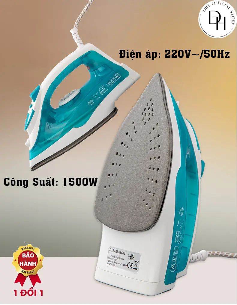 Bàn ủi hơi nước, bàn là khô công suất 1500W với 5 chế độ nhiệt phù hợp với nhiều loại vải khác nhau