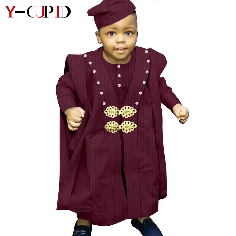 African Boy Outfit Bazin Riche Muslim Jacquard 4 Pieces Sets Tee Pant Robes and Cap Kids Children Suits Agbada Outwear Y234017 2