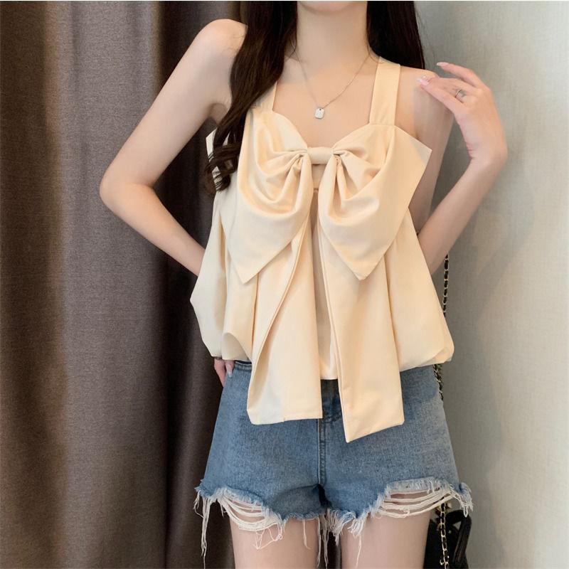 Tiktok Hot Sale French Sweet Bowknot Loose Small Sling Vest Women's Inner Wear Summer Niche Design Outer Wear Short Top 1