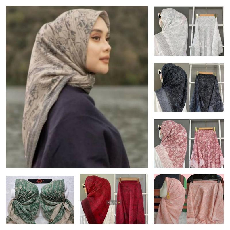 hijab segi empat mewah voal motif luna marun Muslim Square Kerudung Katun 4