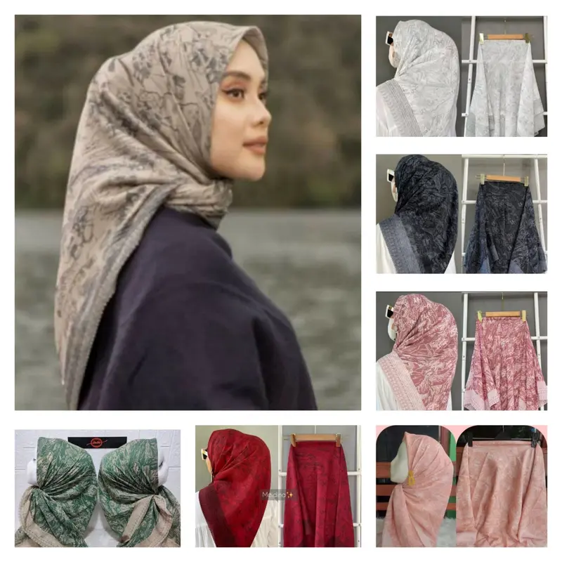 hijab segi empat mewah voal motif luna marun Muslim Square Kerudung Katun 3