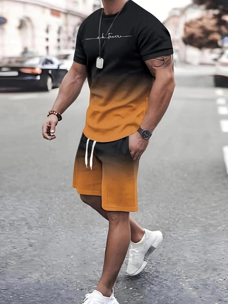 Product Introduction of Two Counts Men's Geometric Print Drawstring Shorts Set, Short Sleeve T-shirt & Pocket Shorts, Casual Spring & Fall Clothes for Men 1