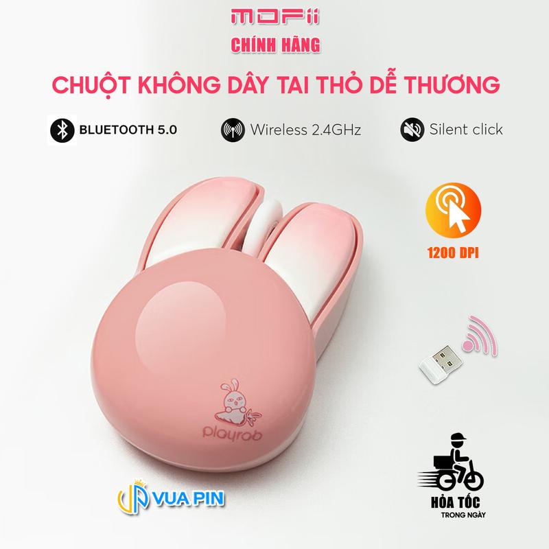 Chuột tai thỏ hồng Playrab - Chuột không dây máy tính màu hồng dễ thương cute hình thỏ wireless 2.4G không tiếng ồn