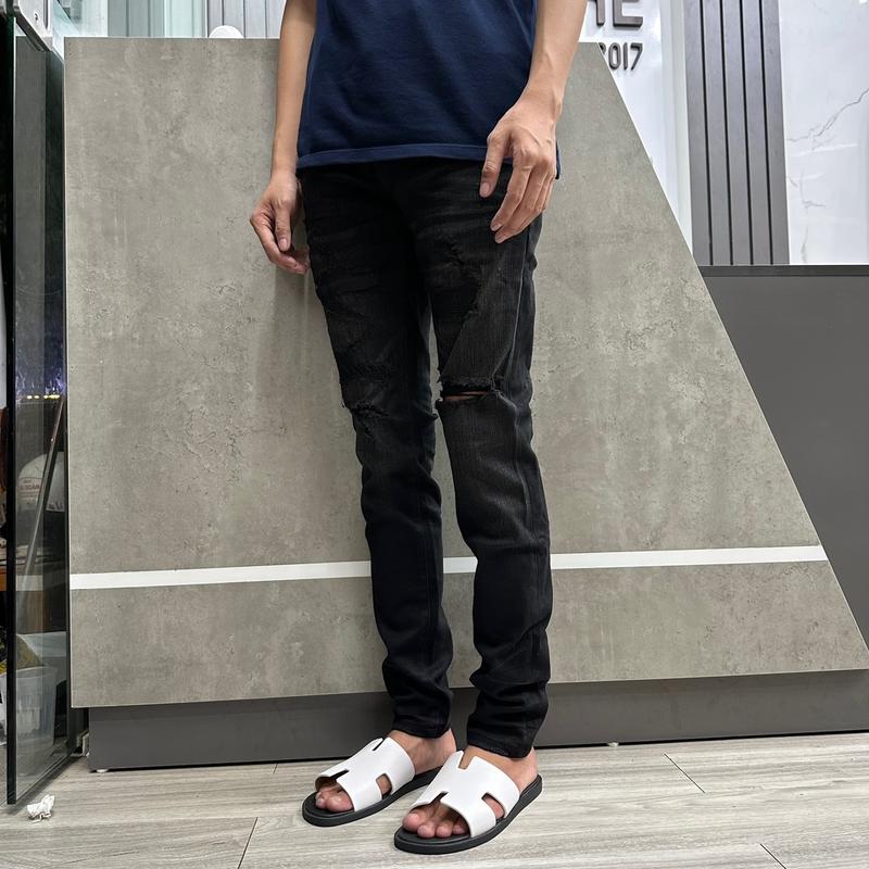 Quần jean bò Purrple đen rách vá vải nhăn 4 cúc ôm gọn cotton