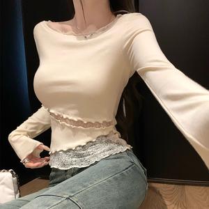 2025 Autumn Women's Double layer Splicing Lace Knitted Sweater Long Sleeve T-shirt, Fashionable Design