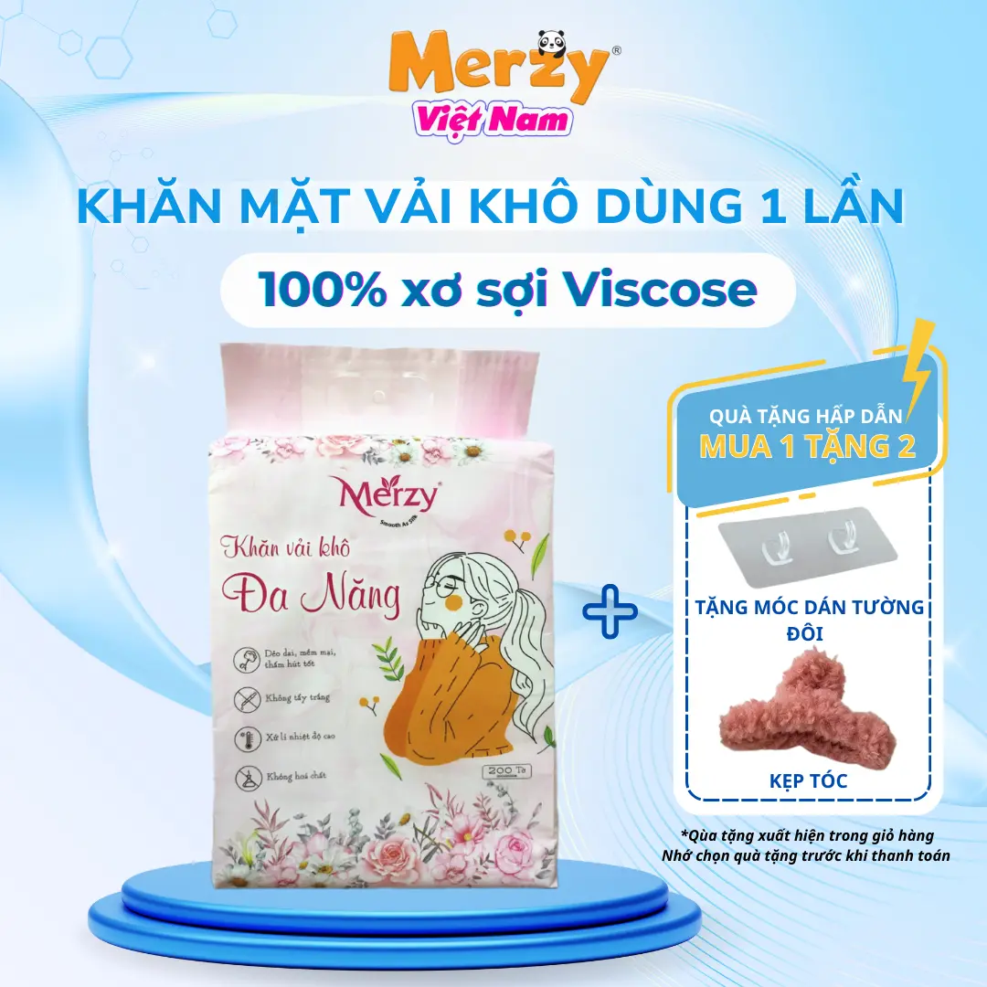 Khăn Mặt 1 Lần Merzy Cao Cấp - 600g 100% Cotton, An Toàn Cho Da Gói 200 Tờ [ MUA 1 TẶNG 1 KẸP ]