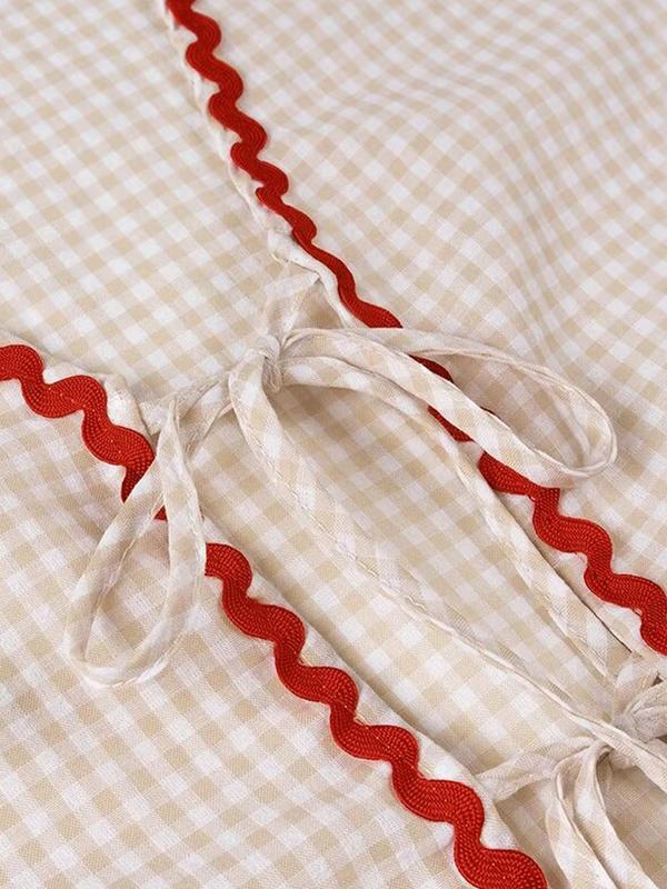 Women's Gingham Print Heart Patched Frill Trim Tie Front Blouse, Casual Checkered Print Drop Shoulder Long Sleeve V Neck Top for Fall & Winter, Women's Clothes for Daily Wear 5