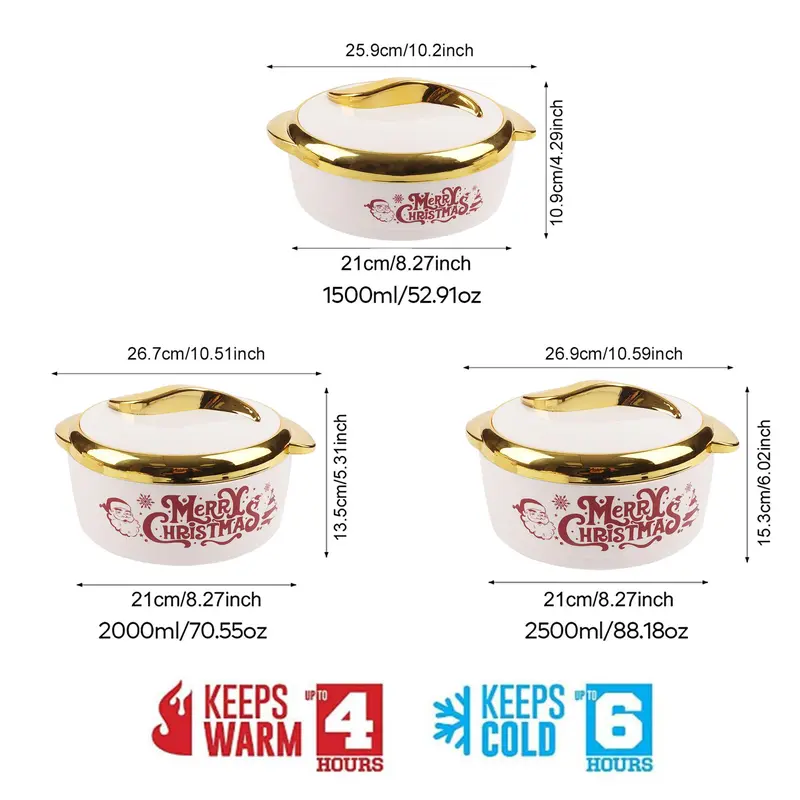 Christmas Themed Food Warmer Set, 3 Counts/set Including 1.5L/2L/2.5L Thermal Casserole Dish with Lid, Insulated Stainless Steel Container for Hot & Cold Food 1