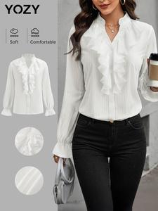 YOZY Women's Plain Ruffle Trim Button Front Blouse, Casual Flounce Sleeve Top for Daily Wear, Ladies Clothes for All Seasons