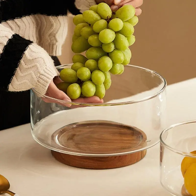 Round Clear Glass Fruit Plate With Wooden Base, 1 Count Light Luxury Transparent Fruit Snack Dish, Serving Tray For Home Kitchen Party 0