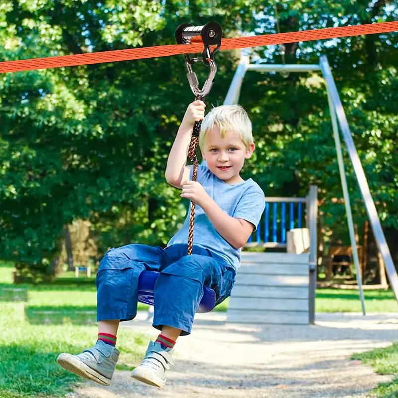 1pc Orange Polyester Zip Line Set for Kids and Adults, 50ft Soft Rope Pulley Kit for Warrior Obstacle Courses, 330lb Max Load Outdoor Backyard Adventure Equipment 8