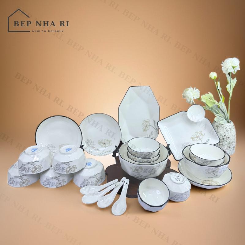 [ Bếp Nhà Ri ] Bộ bát đĩa gốm sứ Ceramic vân Kim Cương Hoa Nho 19 món sứ - TẶNG ĐŨA VÀ 10 THÌA SỨ TRẮNG - decor trang trí bàn ăn sang trọng hiện đại, quà tặng ý nghĩa
