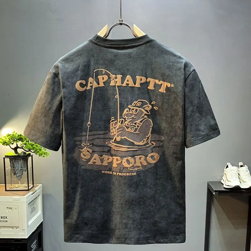 Áo Thun Nặng, Unisex, Quần Áo Mùa Hè, Phong Cách Đường Phố Cao Cấp Mỹ, Tay Lửng Áo, Thương Hiệu Hợp Xu Hướng Thời Trang, Áo Thun ngắn Tay Nam, Ins