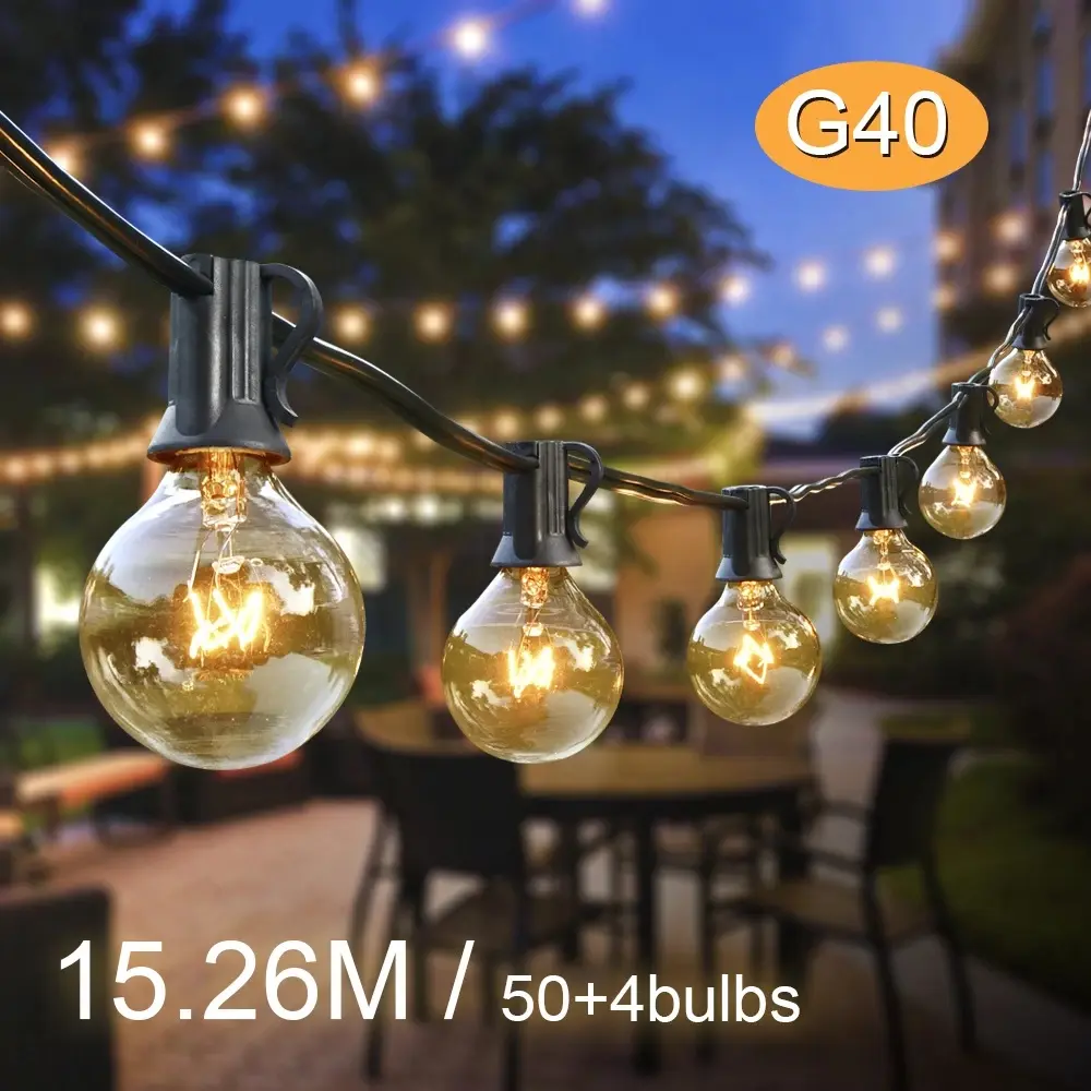 51.2FT/27FT Christmas String Light G40 Glass Globe Bulb Patio Outdoor Fairy Lights Party Garden Wedding Decoration Garland Lights Ornaments