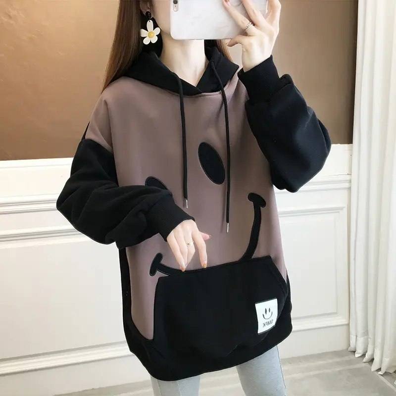 Áo Hoodie Lót Lông Cừu, Dài Trung Bình Dành Cho Nữ, Dày Và Rộng Rãi, Áo Nỉ Màu Tương Phản, Mùa Thu Và Mùa Đông, Hàng Mới Về, Thiết Kế Mặt Cười Lớn, Áo Sơ Mi Dài Tay, Thời Trang Top Women