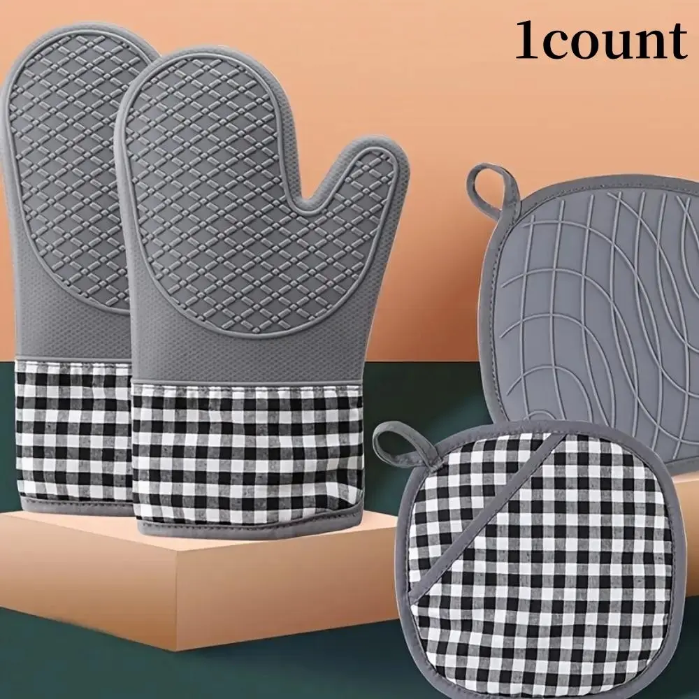 1 Piece Household Silicone Pot Oven Mitt, Geometric Plaid Pattern Heat Insulation Glove, Mitt Pad for Kitchen Cooking Baking