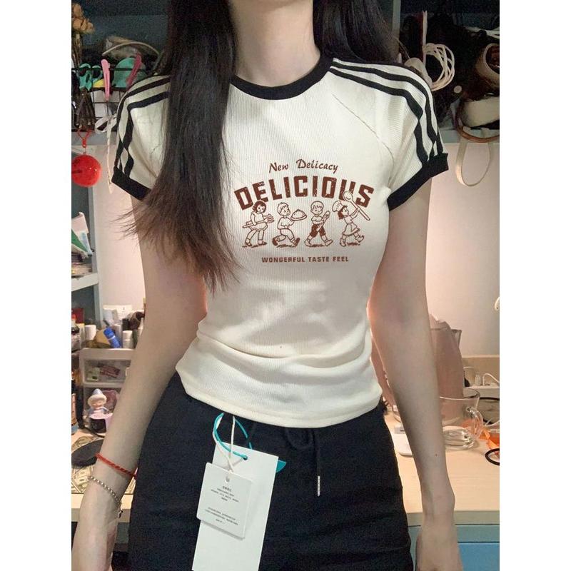 Summer American Style Short Sleeve T-Shirt for Women, Pure Desire Retro Student Ins Style Three-Stripe Striped Regular Shoulder Short Top 1