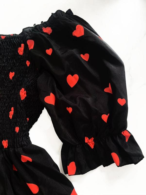 Plus Size Heart Print Ruffle Hem Shirred Dress, Casual Flounce Sleeve Square Neck A Line Dress, Women's Clothes for Summer, Summer Dresses 2025, Womenswear 6
