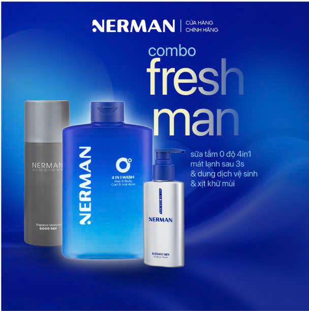 COMBO FRESH MAN NERMAN - Sữa tắm gội lạnh 4IN1 330ml & Dung dịch vệ sinh cho nam 100ml & Xịt khử mùi toàn thân 100ml