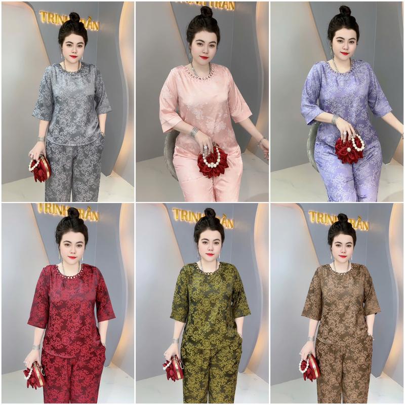 đồ bộ trung niên cho mẹ CỔ TRÒN GẤM ĐÍNH NGỌC tay lỡ quần dài bộ gồm 2 món áo và quần món quà tặng mẹ.