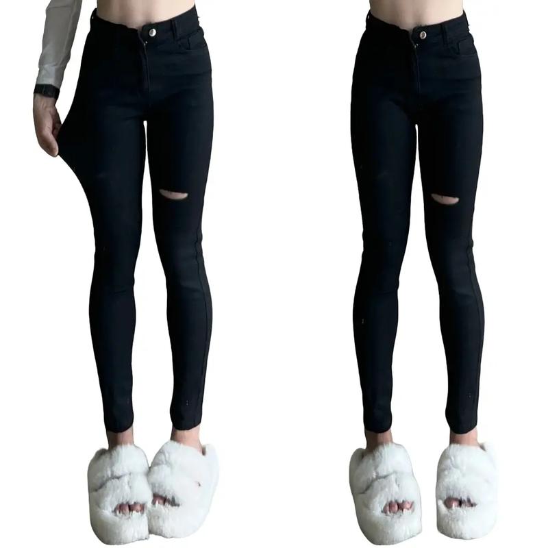 BIG SIZE 35-100KG Quần Jeans Giấy Skinny 1 khuy Rách 1 bên đùi Chất bò giấy cạp cao phong cách hàn quốc Nữ Women Pants Đen quần jean bigsize quan bo nu bò chảnh st xemesis