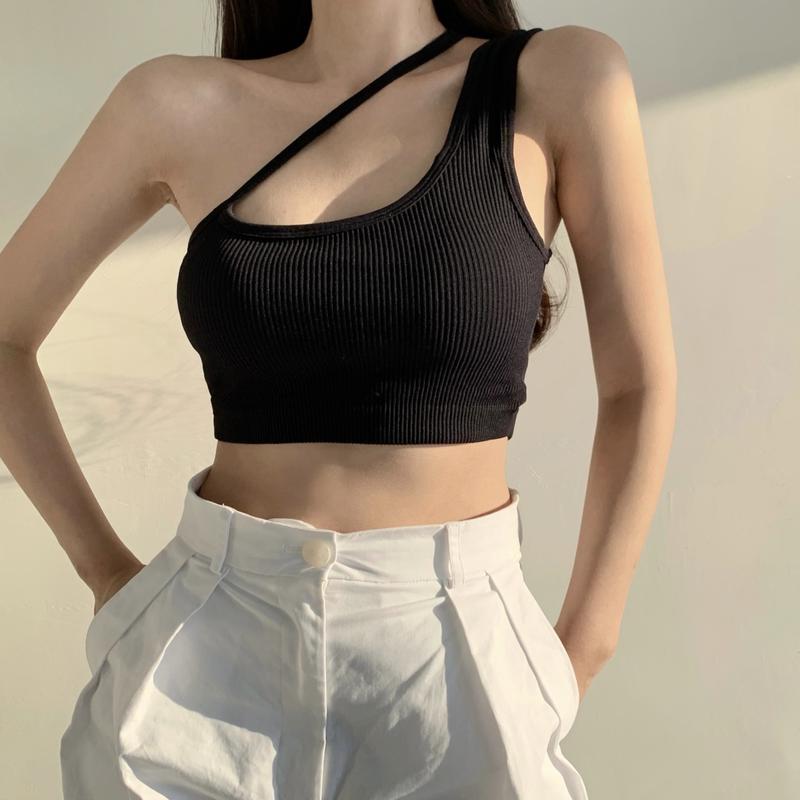 Women Sexy Navel Tops, Plain & Ribbed One Shoulder Sleeveless Slim Crop Top, Ladies Summer Bandage Short Shirt 1