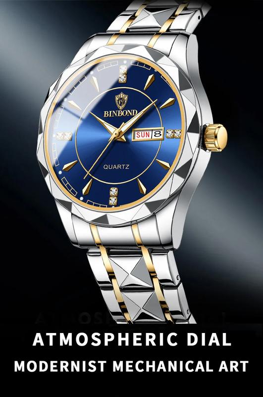 Product Introduction of BINBOND Luxury Men's Watch Waterproof Luminous Watches Stainless steel wristband with Automatic Date Week Clock Diamond Fashion Men's Watch Business Sports Quartz Watch Men's Gift 18