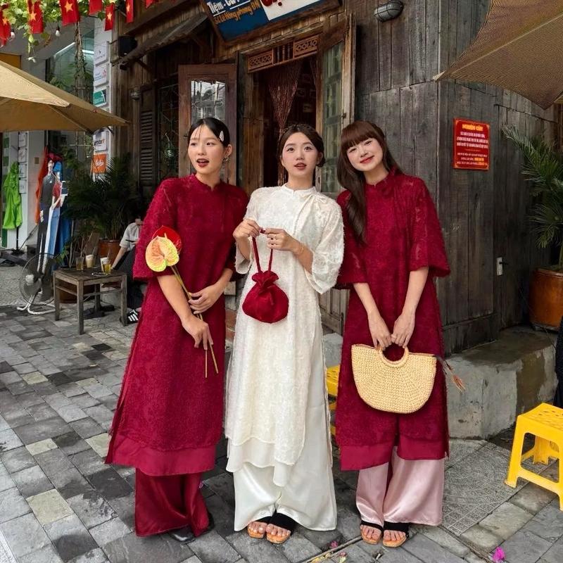 Có bigsize 95kg Set áo dài LÔNG VŨ hoa nổi thắt nơ sang xinh 2 lớp kèm quần lụa cao cấp mềm mịn tặng chuỗi vòng tay gỗ hoặc đá -Pháp phục Tín Như