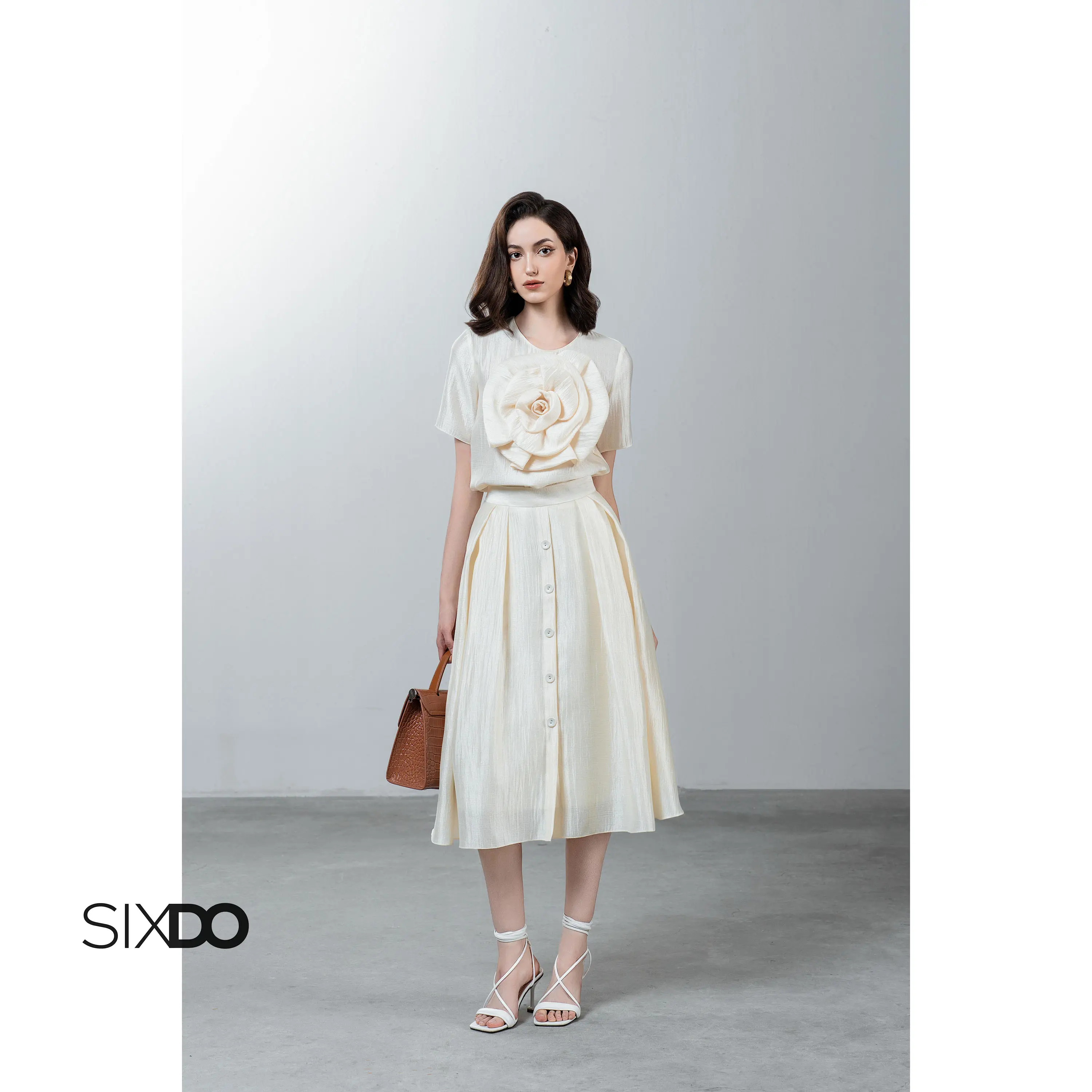 [HN]Chân váy tơ xòe cúc dọc SIXDO (Cream Organza Midi Skirt)