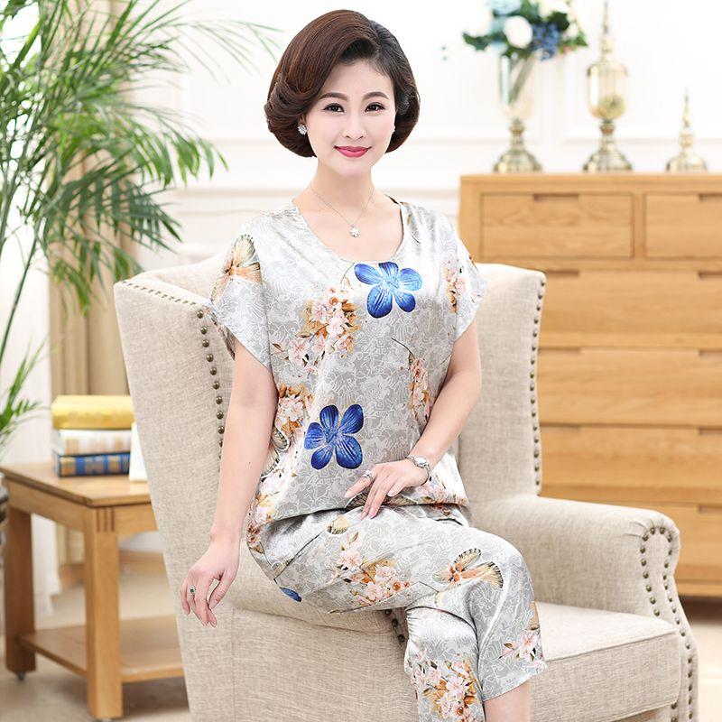 Đồ Ngủ Cho Mẹ TRUNG NIÊN, Đồ Mặc Nhà Mùa Hè, Chất Liệu Lụa Nhân Tạo, ngắn Tay, Dáng Rộng Vừa Vặn, Ngoại Cỡ, Thích Hợp Cho Phụ Nữ Trung Người Già Và Cao Tuổi, Làm Bằng Lụa Lạnh 2